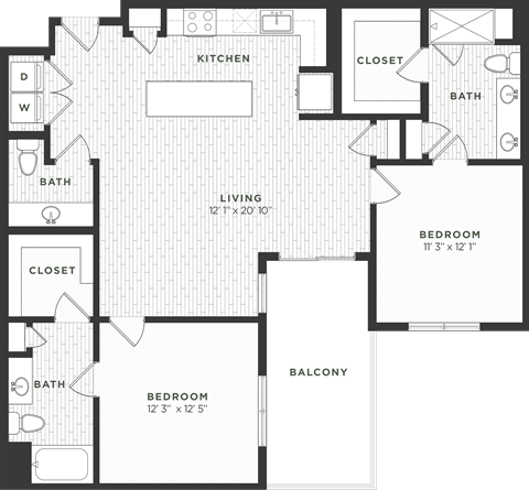 Floor plan for 2 beds, 2.5 baths, 1227 sqft